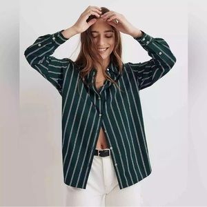 Madewell Satin Oversized Boyshirt in Stripe Smoky Spruce